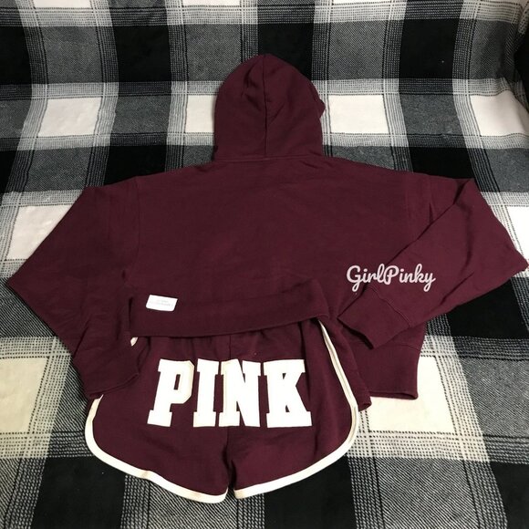 VS PINK IVY TERRY SHORTS OUTFIT & FULL ZIP BURGUNDY WITH LOGO ON THE BUTT XS-XXL - Picture 4 of 8
